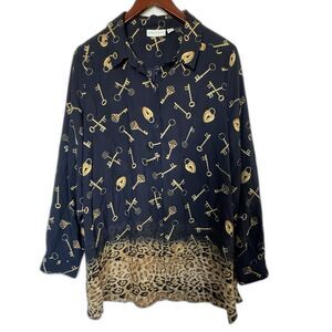Susan Graver Button Up Blouse Womens Size 12 Navy Baroque Key Leopard Print